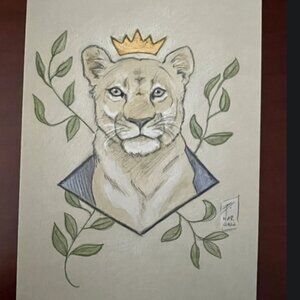Queen Lioness 6x8 Original Watercolor Mixed Media Artwork kids room fantasy art